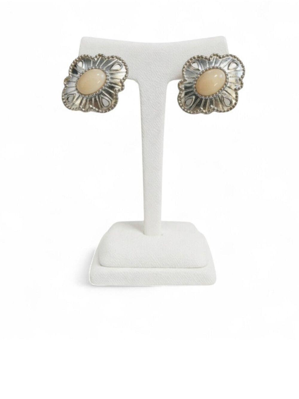 Avon Silvery Sands Earrings Silver Tone Peachy Cabochon